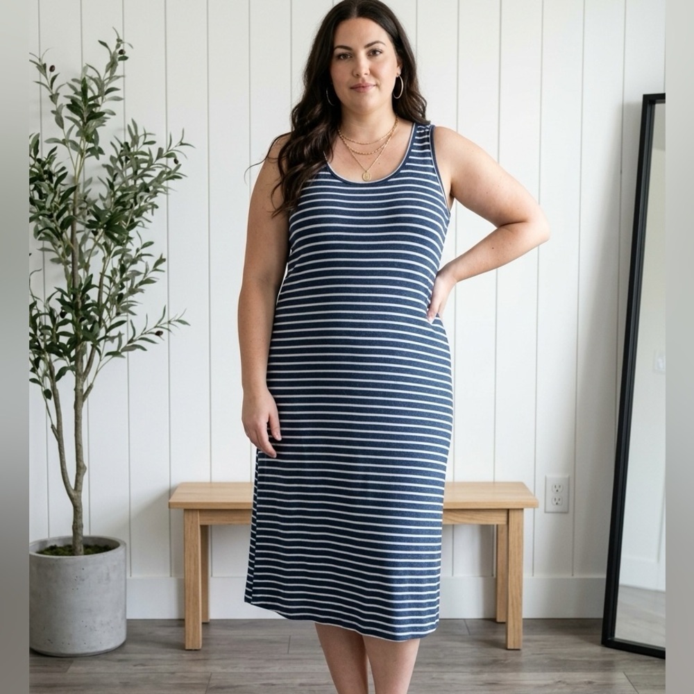NWT - Ninexis Plus Size Blue & White Stripe Sleeveless Midi Dress - Size 3XL